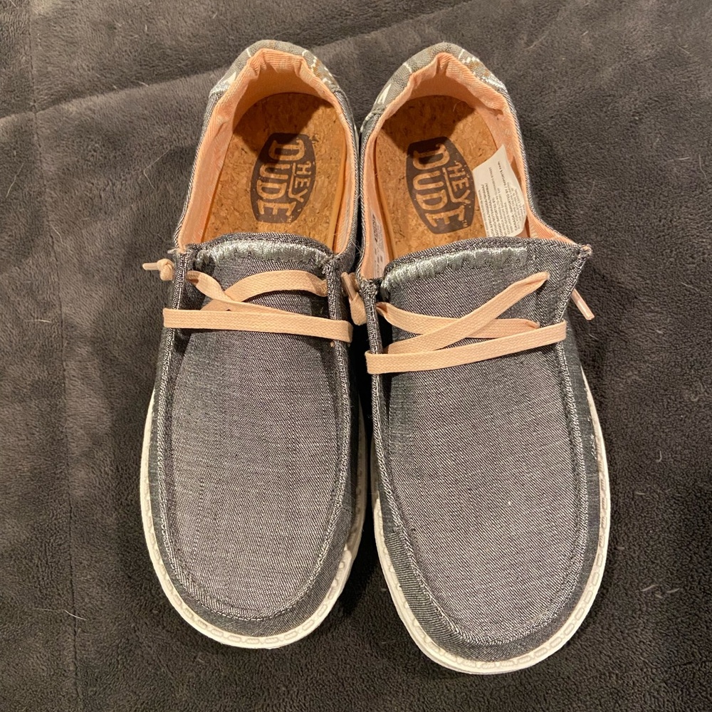 Worn once! Cute, gray, women’s sz 7 Hey Dude slip-ons.